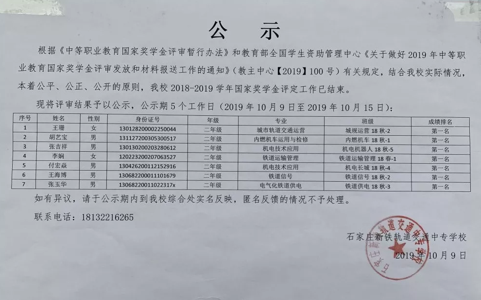 石家庄铁路技校国家奖学金公示 学校新闻